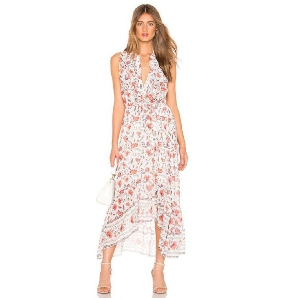 Misa Los Angeles Audra Red Floral Ruffle  Sleeveless Maxi High Low Dress Size S